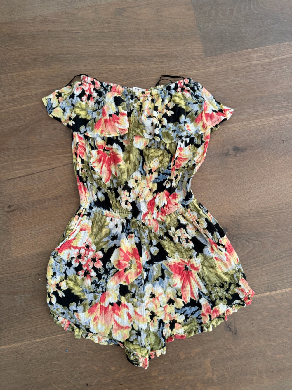 Billabong Floral Off-Shoulder Ruffle Top - Black, Olive & Coral